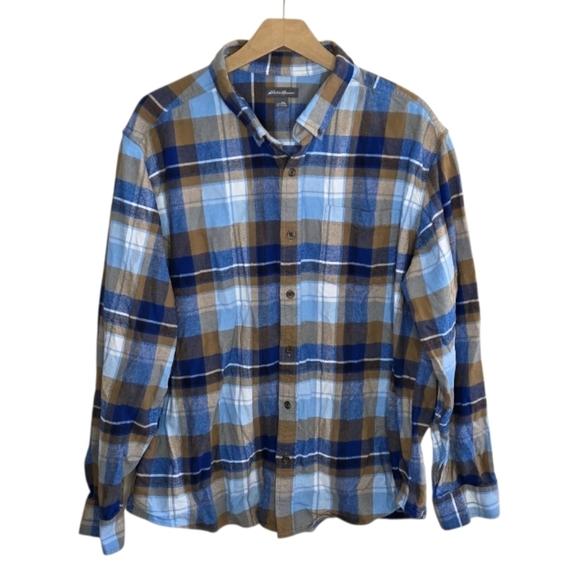 Eddie Bauer | Blue & Tan Plaid Flannel Button Down Shirt Size XL 100% Cotton - Picture 6 of 6